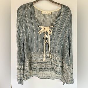 VINTAGE HAVANA Bell Sleeve Lace Up Blouse Blue White Size M Boho Hippie Coastal
